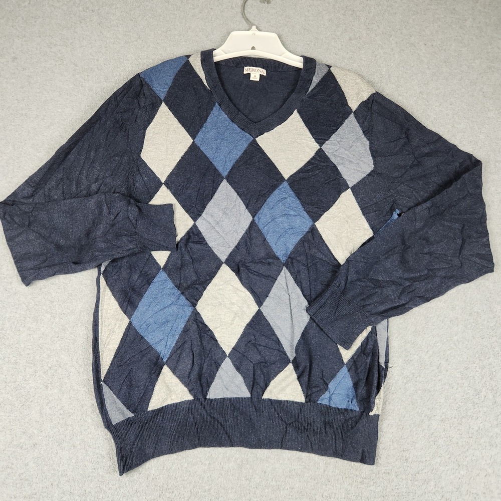 Merona Sweater Mens M Navy Blue Argyle Tight Knit V-Neck Long Sleeve Pullover